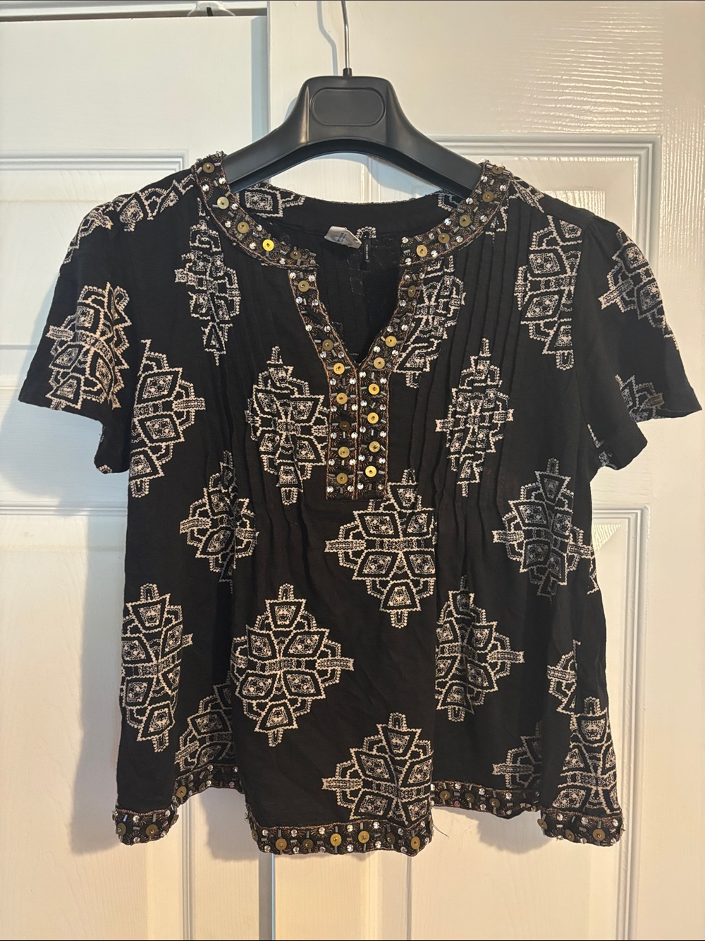 Embroidered Black Short-Sleeve Boho Top with Beaded Trim